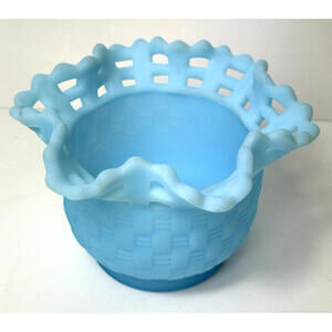 VTG Fenton BLUE Satin Glass Basket Weave Lattice Bowl Trinket Dish Ruffle CutOut